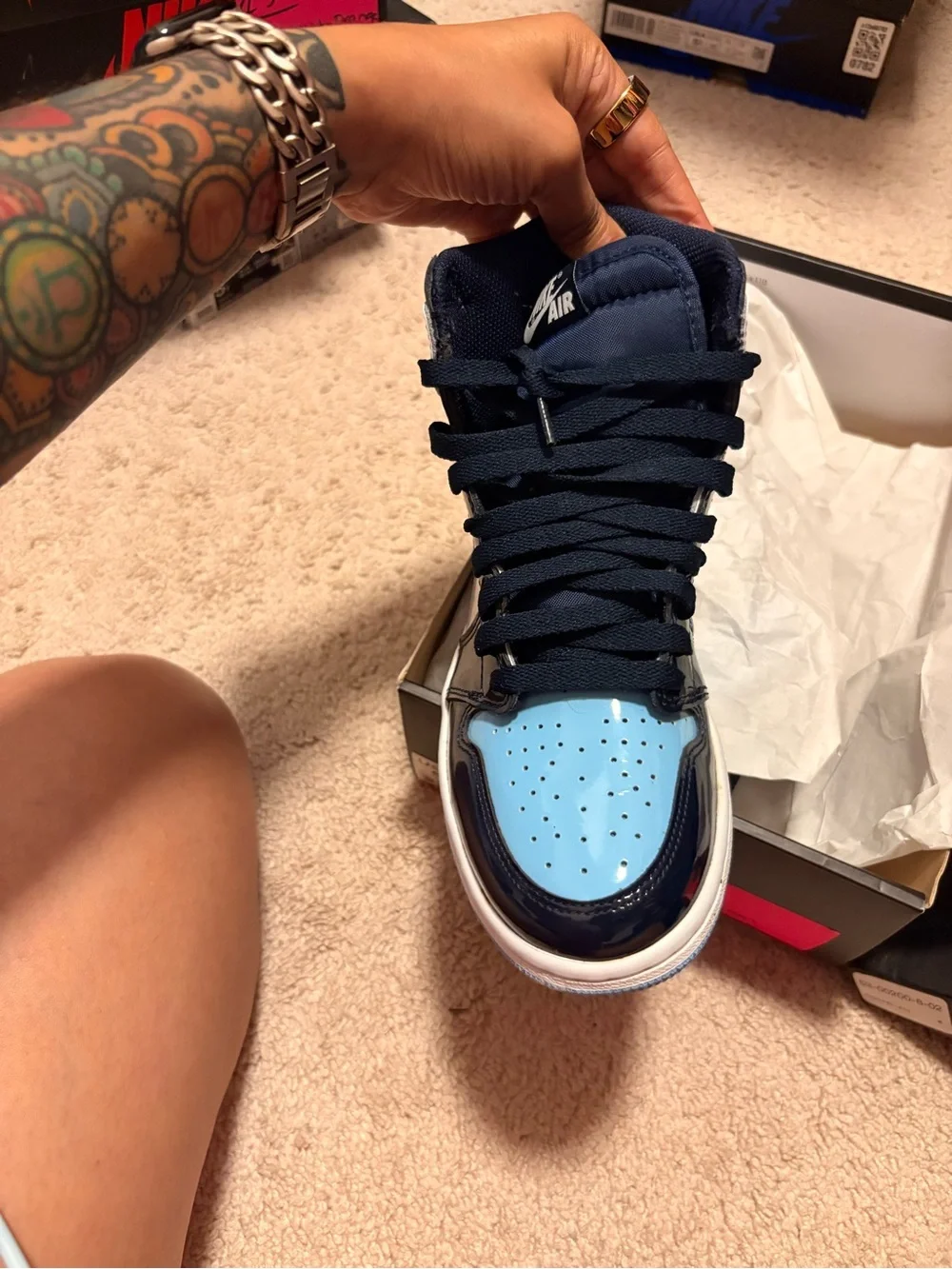 Women’s Jordan 1’s High Patent Leather - White Navy obsidian blue
